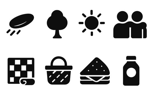 Outdoor Fun Icons. Outdoor fun. Filled icon set of outdoor fun: frisbee, tree, sun, friends, blanket, picnic