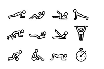 Ab Workout Icons. Ab strengthening routine. Line outline icon set of ab strengthening routine: plank, crunch,