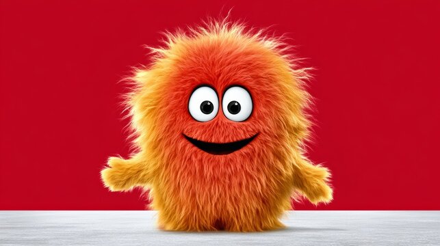 A cartoonish orange monster with big eyes and a big smile. The monster is standing on a red background