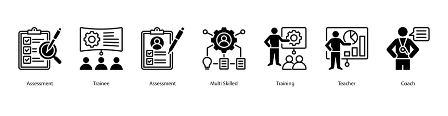 Skill Building Program web banner vector illustration featuring Assessment, Trainee, Multi Skilled, Training, Teacher, Coach, and Trainer. Ideal for professional growth materials.