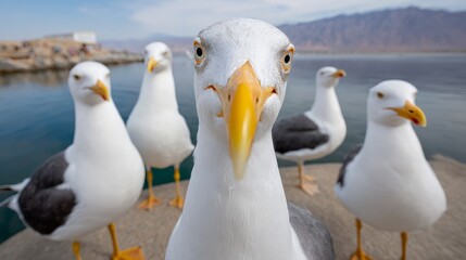 Fototapeta premium A group of seagulls are standing on a ledge near the water. One of the birds is looking directly at the camera
