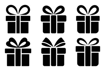 Collection of Six Black Gift Box Icons with Ribbons on White Background