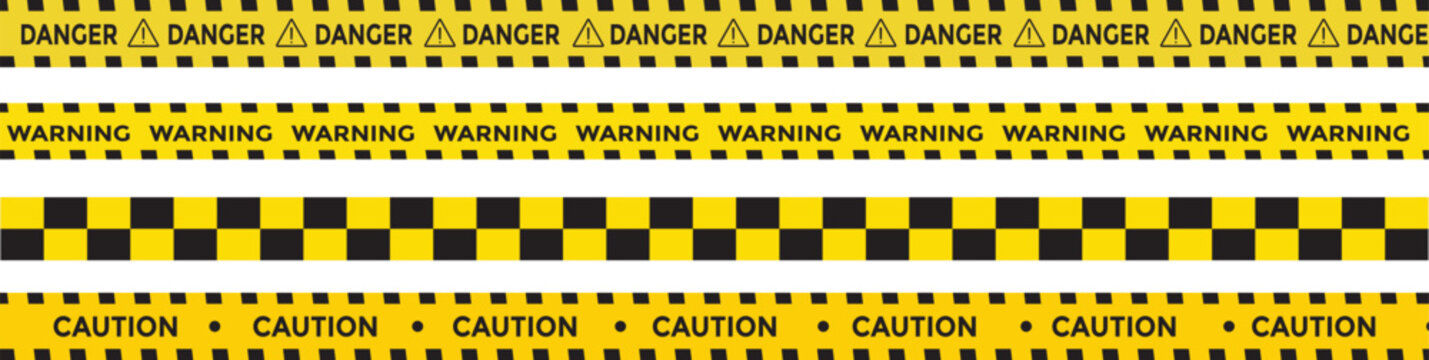 Yellow and black danger tape set with skull symbols for safety hazard zones roads and construction. under construction, caution, Warning zone, danger tapes. Caution tape set of warning ribbons on tran