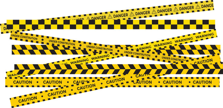 Yellow and black danger tape set with skull symbols for safety hazard zones roads and construction. under construction, caution, Warning zone, danger tapes. Caution tape set of warning ribbons on tran
