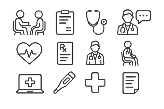 Medical Consultation Icons. Doctor consultation scenes. Line outline icon set of doctor consultation scenes: