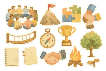 Watercolor Team Building Stickers. Team Building. Realistic hand-painted watercolor style sticker sheet of