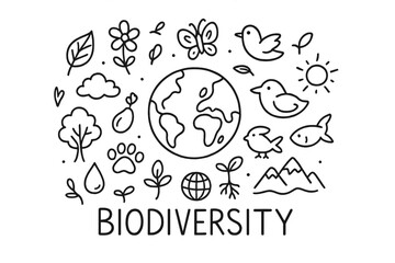 Doodle Earth Biodiversity. Biodiversity. Hand-drawn doodle illustration of Biodiversity. In the middle, one