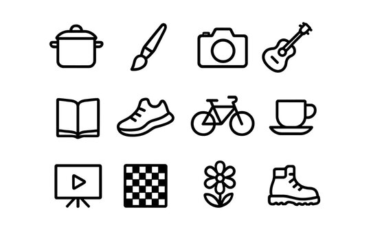 Shared Hobbies Icons. Shared hobbies. Line outline icon set of shared hobbies: cooking pot, paintbrush, camera