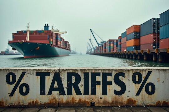 Tariffs and international trade war concept showing import tax sign at a shipping port with a cargo container ship