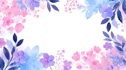 Fototapeta premium Watercolor floral frame with pink and purple blooms on white background