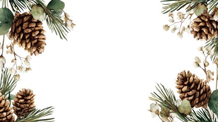 Watercolor pine cones and greenery border against white background