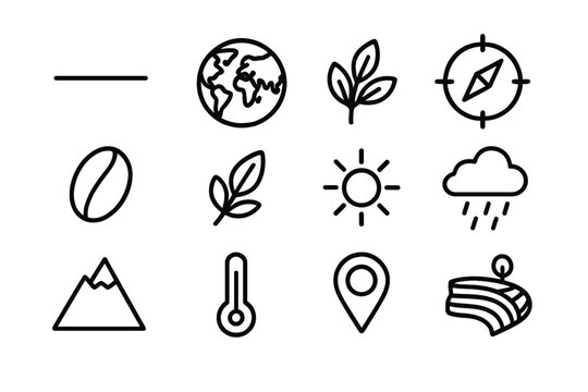 Coffee Belt Icons. Coffee belt geography. Line outline icon set of coffee belt geography: equator line, world