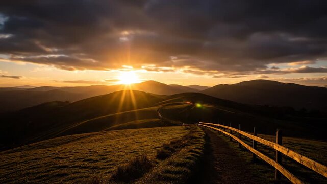 Golden sunrise over rolling hills with a path and wooden fence