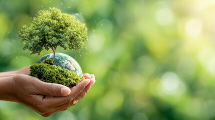 A pair of hands holding the Earth and a green tree
