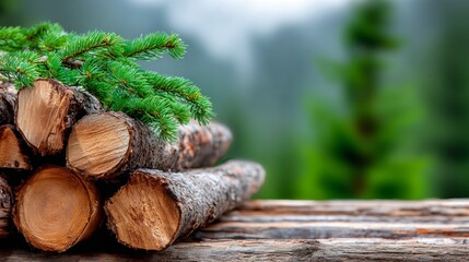 A pile of wood with a green pine tree on top. Scene is peaceful and natural