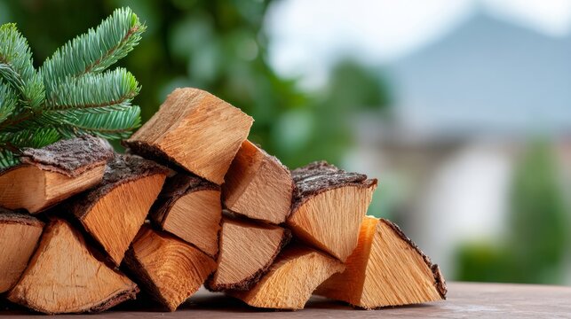 A pile of wood logs with a pine tree leaf on top. Scene is peaceful and natural - Powered by Adobe