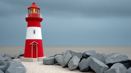 A red and white lighthouse is on a rocky beach. The lighthouse is surrounded by large rocks, and the sky is cloudy. Scene is calm and peaceful, with the lighthouse standing out as a symbol of safety