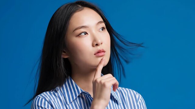 Young asian woman thinking with her finger on her chin against blue background