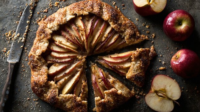 A sliced apple galette with knife and crumbs, overhead sho