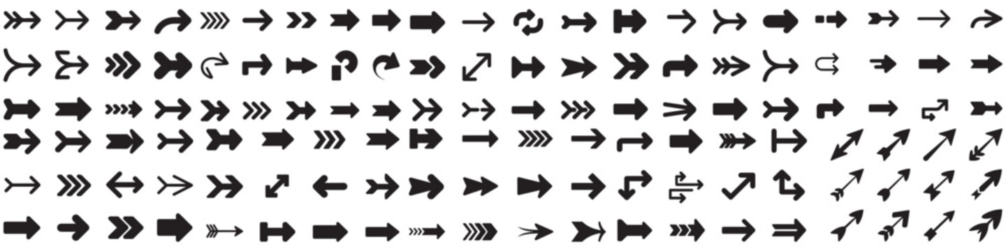 Set of black arrows. Nine different arrows for illustrations and websites. Vector Black silhouettes. with white background