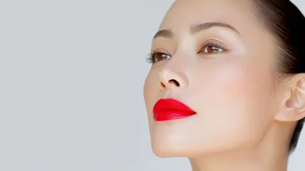 Fototapete Schönheitssalon A woman with red lipstick and a red nose. She has a very nice smile. Concept of confidence and beauty  © Nataliia_Trushchenko