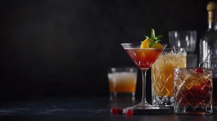 Cocktails in glasses on a dark background. Alcoholic drinks for advertising.