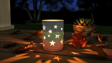 Glowing star lantern casting playful shadows on a cozy autumn evening, creating a warm and inviting ambiance for outdoor gatherings and seasonal decor