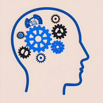 Human head silhouette with blue and black gears representing thought process