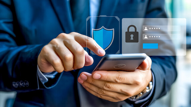 Close-up of hand holding smartphone with digital security login screen and shield mobile