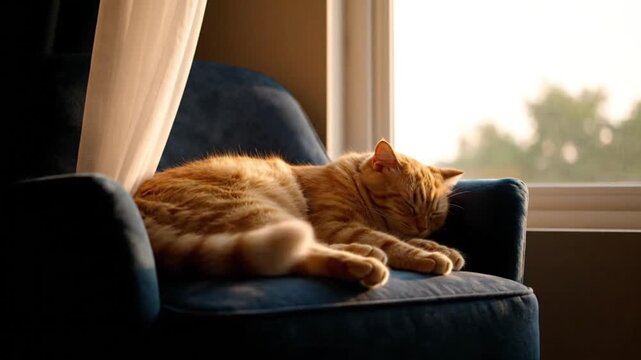 An orange tabby cat peacefully naps on a comfortable blue armchair bathed in soft sunlight