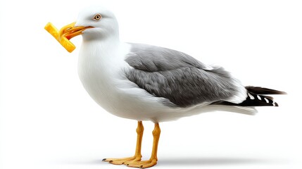 Obraz premium A seagull is holding a piece of cheese in its beak. The bird is standing on a white background