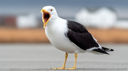 A seagull is standing on the ground with its beak open. The bird is black and white in color