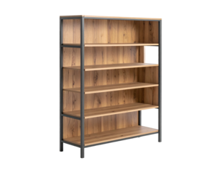 Tall oak-effect shelf unit with industrial metal frame