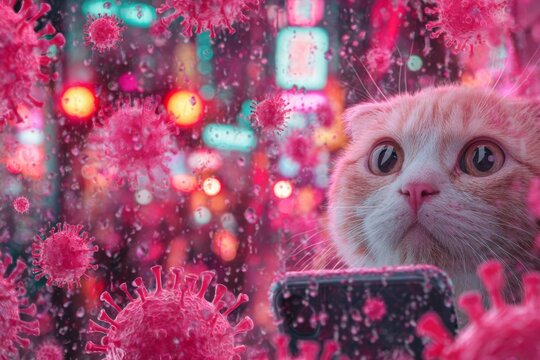 Charming kitten with smartphone in midnight shadows. Pathogen survival guide. The hidden war against viruses that could strike anytime, anywhere. Cute paws. Kitten in dark.