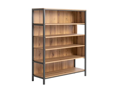 Tall oak-effect shelf unit with industrial metal frame