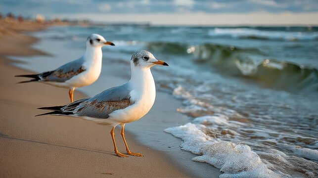 Two seagulls are standing on the beach, one of which is looking out at the ocean. The beach is sandy and the water is calm. The seagulls seem to be enjoying the peaceful atmosphere