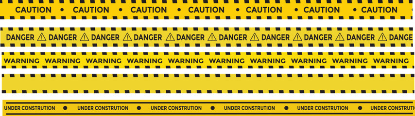 Yellow and black danger tape set with skull symbols for safety hazard zones roads and construction. under construction, caution, Warning zone, danger tapes. Caution tape set of warning ribbons on tran