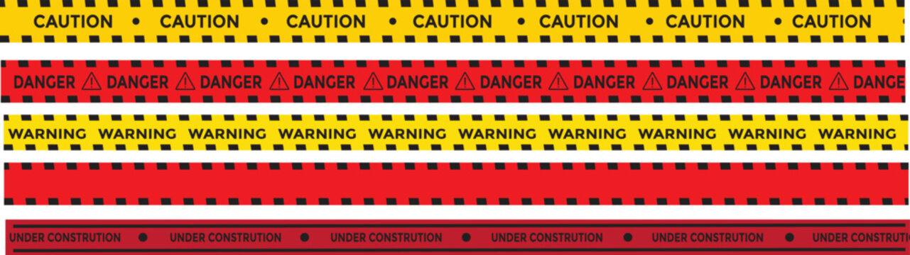 Yellow and black danger tape set with skull symbols for safety hazard zones roads and construction. under construction, caution, Warning zone, danger tapes. Caution tape set of warning ribbons on tran