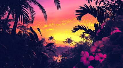 Obraz premium A dense thicket of silhouetted orchids and hibiscus flowers leaning toward a glowing horizon