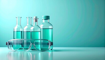 Laboratory setup with conical flasks, blue liquid, safety goggles, and diagnostic glassware on teal background for editorial science photography research decor and poetic experimentation-themed visual