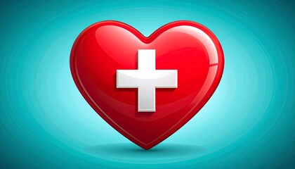 Glossy red heart with white medical cross symbol on turquoise gradient background for editorial healthcare photography emergency aid decor and poetic support-themed visuals