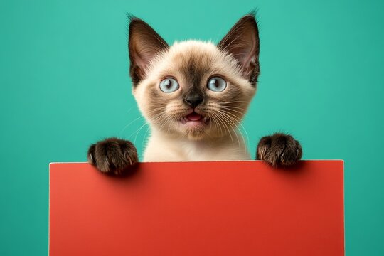 Ð¡ute cat burmese hold in front paws a design draft - large red alley sign. Cat photo mockup. Studio kitten mockup. Studio cat photo. Isolated baby feline on a solid clothing green background.