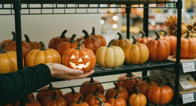Person holding lit jack-o'-lantern with many decorative pumpkins