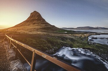Kirkjufell Church Mountain during sunset in Snæfellsnes Peninsula, Iceland. Arrow Head Mountain, famous landmark in Europe. Beautiful nature landscape background for wallpaper