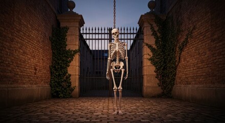 A skeletal figure hangs by chains from a dark iron gate at dusk