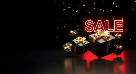 Minimal floating black and gold SALE tags around blank product pedestal