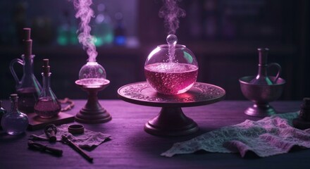 Dimly lit vintage lab with bubbling pink elixir and smoking flasks