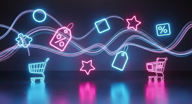 Futuristic neon blue and purple lighting around floating discount - Powered by Adobe