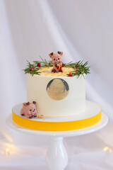 christmas white cake decorated. with branches and little pig on top. white background