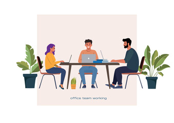 Flat vector illustration of diverse office team working together on a project